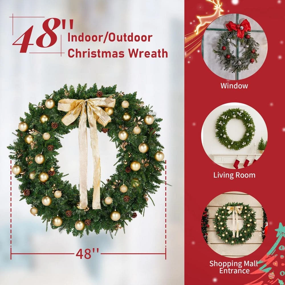 48 In. Green Pre-Lit LED Artificial Christmas Wreath With Pinecones And Gold Ornaments 6 48 In. Green Pre-Lit LED Artificial Christmas Wreath With Pinecones And Gold Ornaments - Image 4