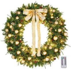 48 In. Green Pre-Lit LED Artificial Christmas Wreath With Pinecones And Gold Ornaments