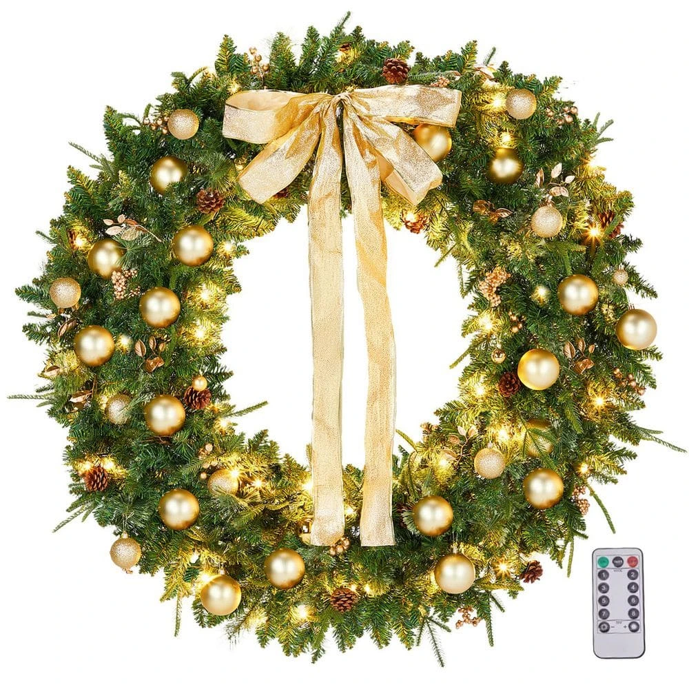 48 In. Green Pre-Lit LED Artificial Christmas Wreath With Pinecones And Gold Ornaments 3 48 In. Green Pre-Lit LED Artificial Christmas Wreath With Pinecones And Gold Ornaments