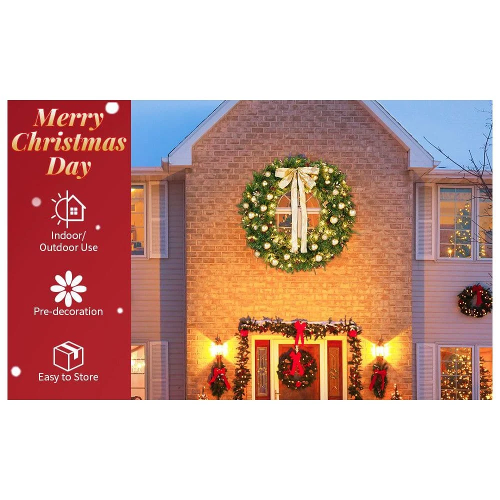 48 In. Green Pre-Lit LED Artificial Christmas Wreath With Pinecones And Gold Ornaments 4 48 In. Green Pre-Lit LED Artificial Christmas Wreath With Pinecones And Gold Ornaments - Image 2