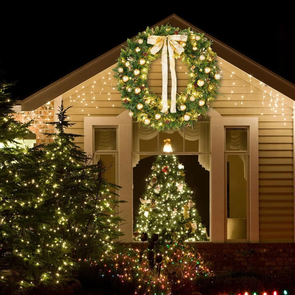 48 In. Green Pre-Lit LED Artificial Christmas Wreath With Pinecones And Gold Ornaments 10 48 In. Green Pre-Lit LED Artificial Christmas Wreath With Pinecones And Gold Ornaments - Image 8