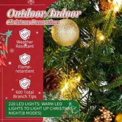 60 In. Green Pre-Lit LED Artificial Christmas Wreath With Pinecones And Gold Ornaments -Christmas Decor Shop karl home christmas wreaths k1g61000565 44 1000