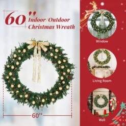 60 In. Green Pre-Lit LED Artificial Christmas Wreath With Pinecones And Gold Ornaments -Christmas Decor Shop karl home christmas wreaths k1g61000565 4f 1000