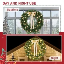 60 In. Green Pre-Lit LED Artificial Christmas Wreath With Pinecones And Gold Ornaments -Christmas Decor Shop karl home christmas wreaths k1g61000565 fa 1000