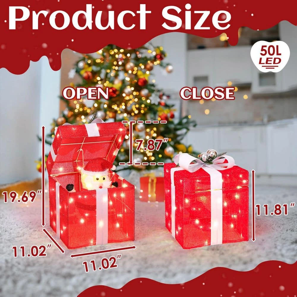 12 In. Red Motorized Gift Box Christmas Decorations With Motor And 60 LED Lights 6 12 In. Red Motorized Gift Box Christmas Decorations With Motor And 60 LED Lights - Image 4