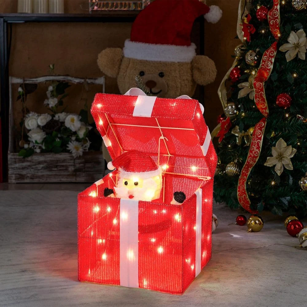 12 In. Red Motorized Gift Box Christmas Decorations With Motor And 60 LED Lights 5 12 In. Red Motorized Gift Box Christmas Decorations With Motor And 60 LED Lights - Image 3