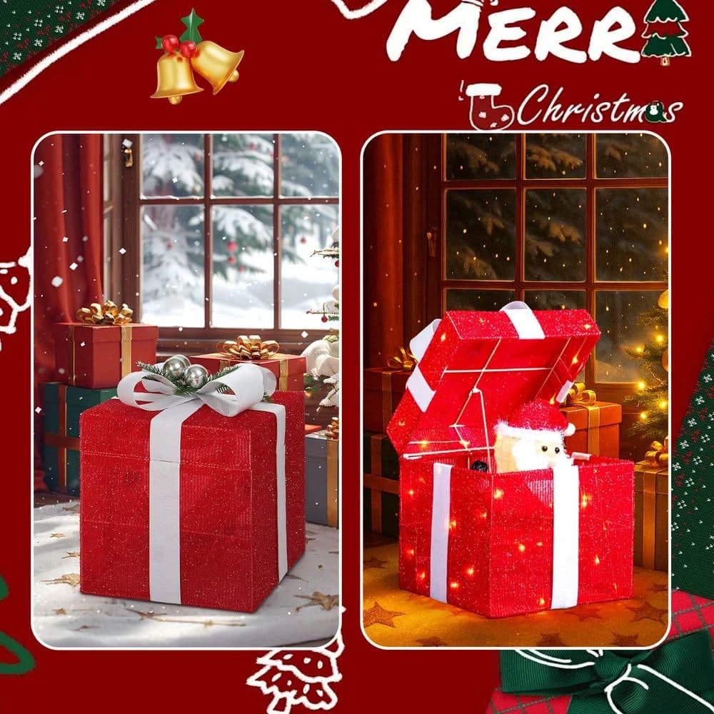 12 In. Red Motorized Gift Box Christmas Decorations With Motor And 60 LED Lights 9 12 In. Red Motorized Gift Box Christmas Decorations With Motor And 60 LED Lights - Image 7
