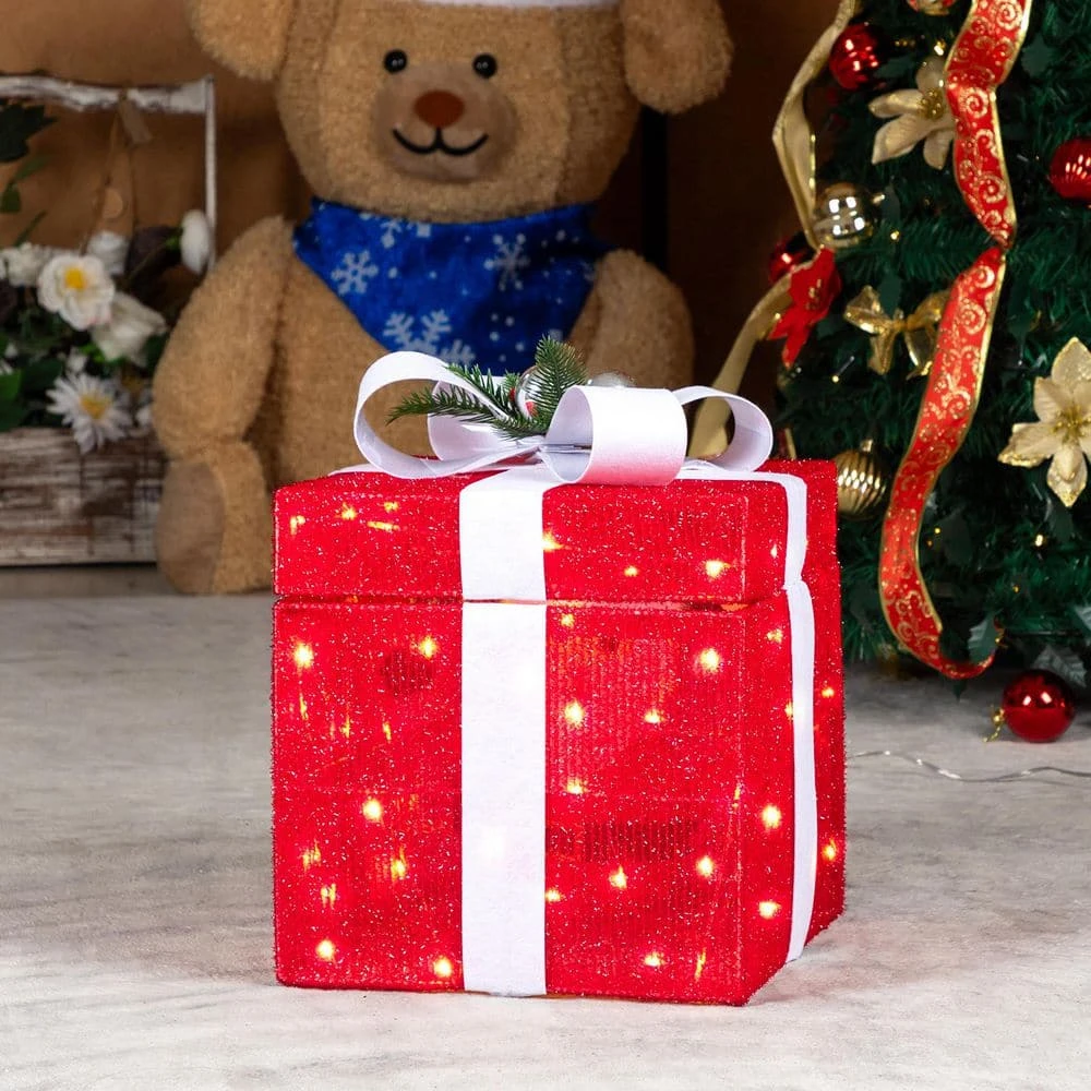 12 In. Red Motorized Gift Box Christmas Decorations With Motor And 60 LED Lights 4 12 In. Red Motorized Gift Box Christmas Decorations With Motor And 60 LED Lights - Image 2