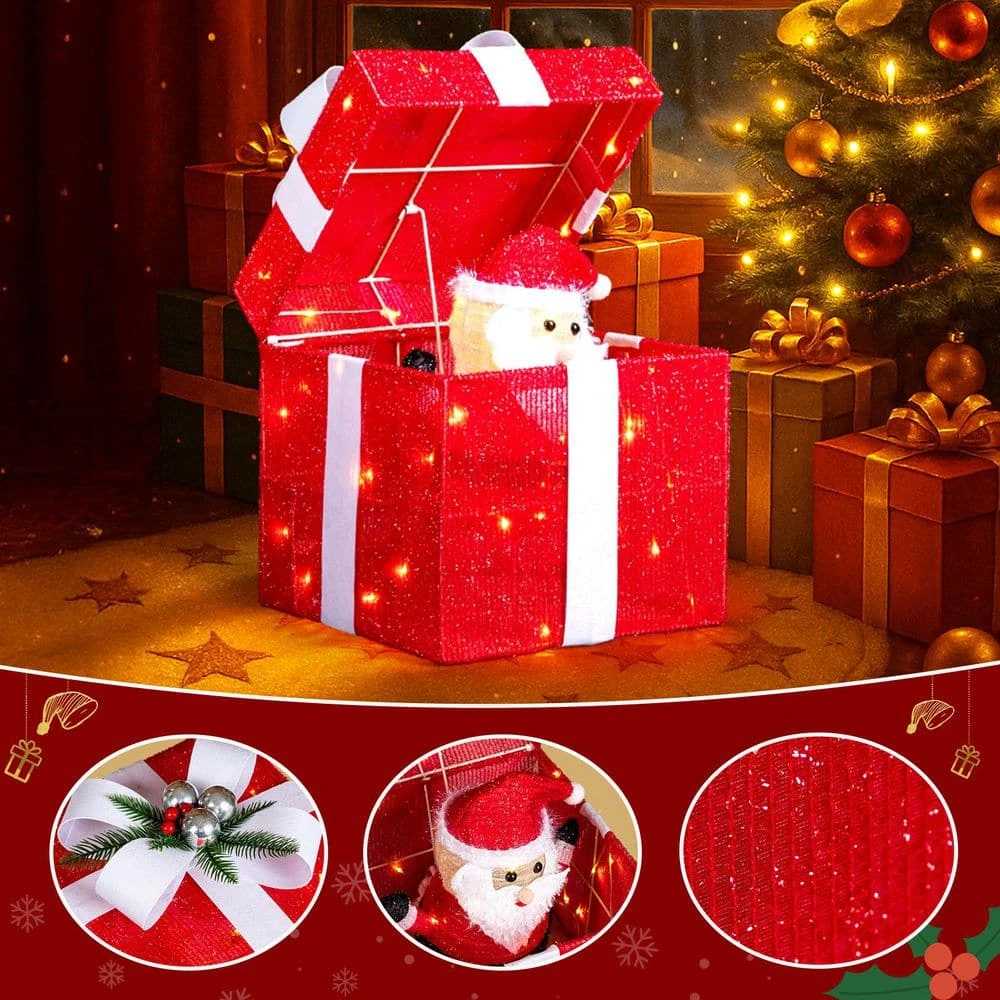 12 In. Red Motorized Gift Box Christmas Decorations With Motor And 60 LED Lights 8 12 In. Red Motorized Gift Box Christmas Decorations With Motor And 60 LED Lights - Image 6