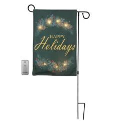 Lighted Outdoor Banner With Garden Flag Stand - Happy Holidays