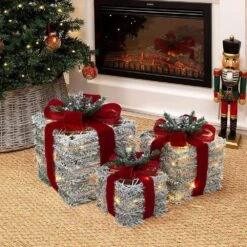 11.81 In. H 3-Piece Frosted Faux Cedar Branch Giftbox Christmas Decoration Set With Battery Operated Lights -Christmas Decor Shop luxenhome christmas figurines whhd2049 4f 1000