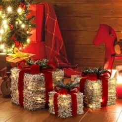 11.81 In. H 3-Piece Frosted Faux Cedar Branch Giftbox Christmas Decoration Set With Battery Operated Lights -Christmas Decor Shop luxenhome christmas figurines whhd2049 c3 1000