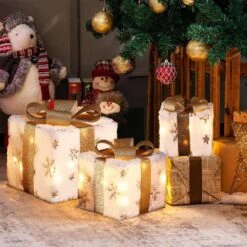 11.81 In. H White And Gold 3-Piece Snowflake Giftbox Holiday Decoration Set With Battery Operated Christmas Lights -Christmas Decor Shop luxenhome christmas figurines whhd2051 4f 1000