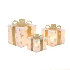 11.81 In. H White And Gold 3-Piece Snowflake Giftbox Holiday Decoration Set With Battery Operated Christmas Lights