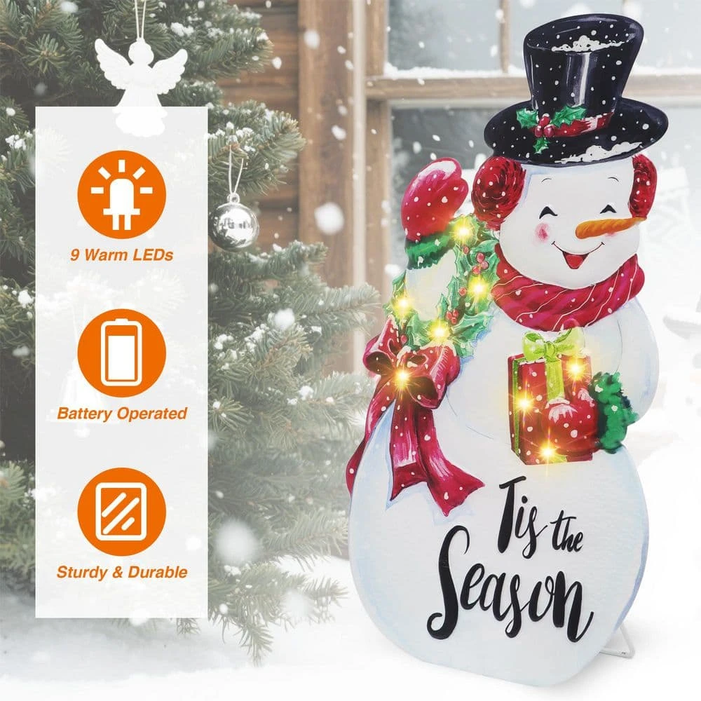 26 In. White Steel Battery Operated Floor Standing Pre-Lit Snowman Christmas Sign With LED Lights 7 26 In. White Steel Battery Operated Floor Standing Pre-Lit Snowman Christmas Sign With LED Lights - Image 5