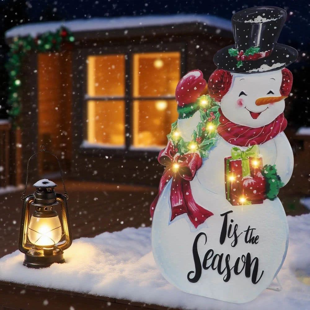 26 In. White Steel Battery Operated Floor Standing Pre-Lit Snowman Christmas Sign With LED Lights 5 26 In. White Steel Battery Operated Floor Standing Pre-Lit Snowman Christmas Sign With LED Lights - Image 3