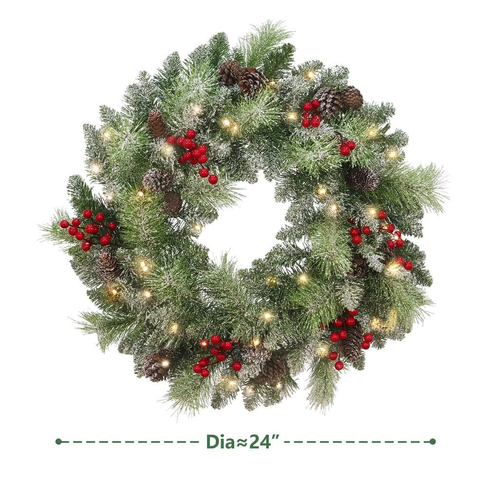 24 In. Battery Operated PreLit LED Artificial Christmas Wreath With Pinecones And Berries 9 24 In. Battery Operated PreLit LED Artificial Christmas Wreath With Pinecones And Berries - Image 7