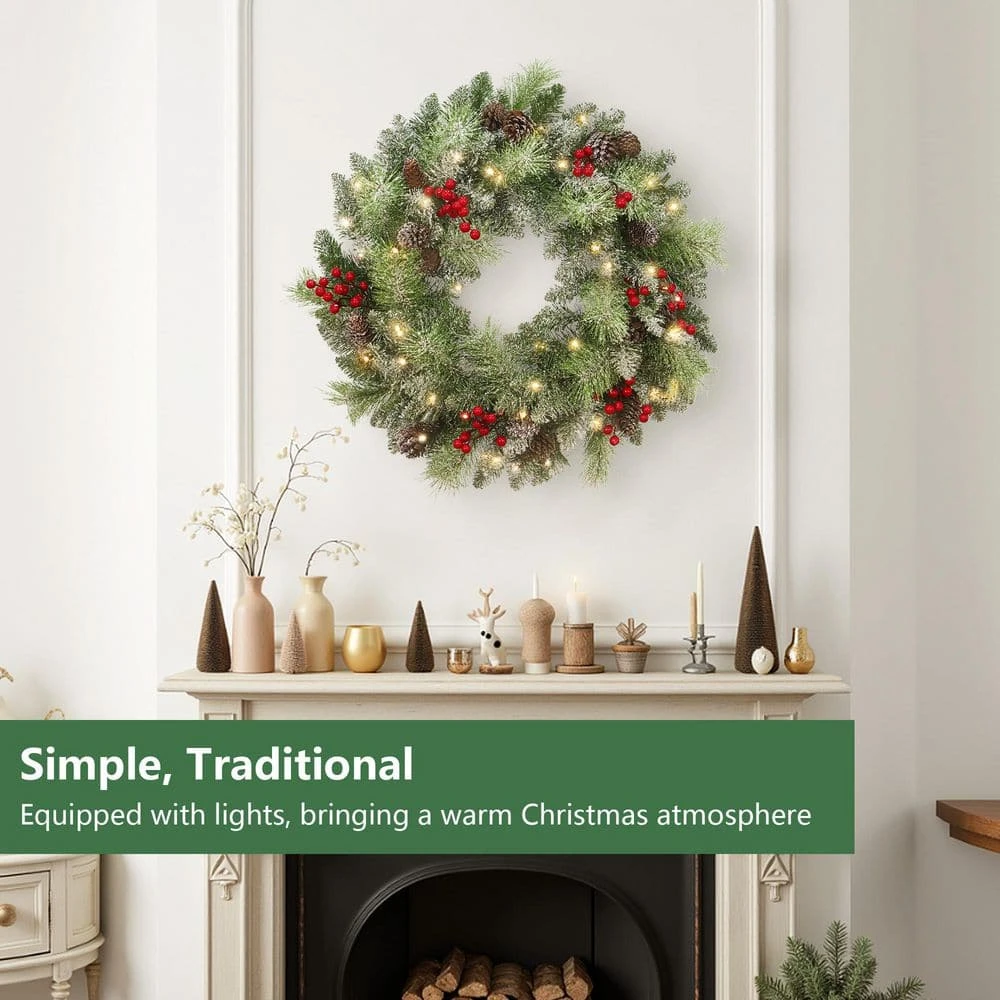 24 In. Battery Operated PreLit LED Artificial Christmas Wreath With Pinecones And Berries 4 24 In. Battery Operated PreLit LED Artificial Christmas Wreath With Pinecones And Berries - Image 2