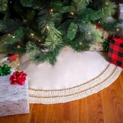 52 In. HGTV Home Collection Fringe Detail Tree Skirt Off White -Christmas Decor Shop national tree company christmas tree skirts hgt93 cts25024a 44 1000