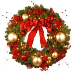 Decorative Collection Cozy Christmas 36 In. Artificial Wreath With Red And Clear Lights