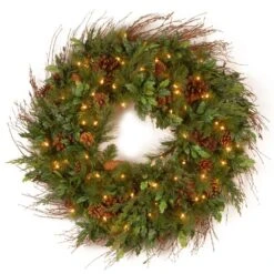 Decorative Collection Juniper Mix Pine 30 In. Artificial Wreath With Clear Lights