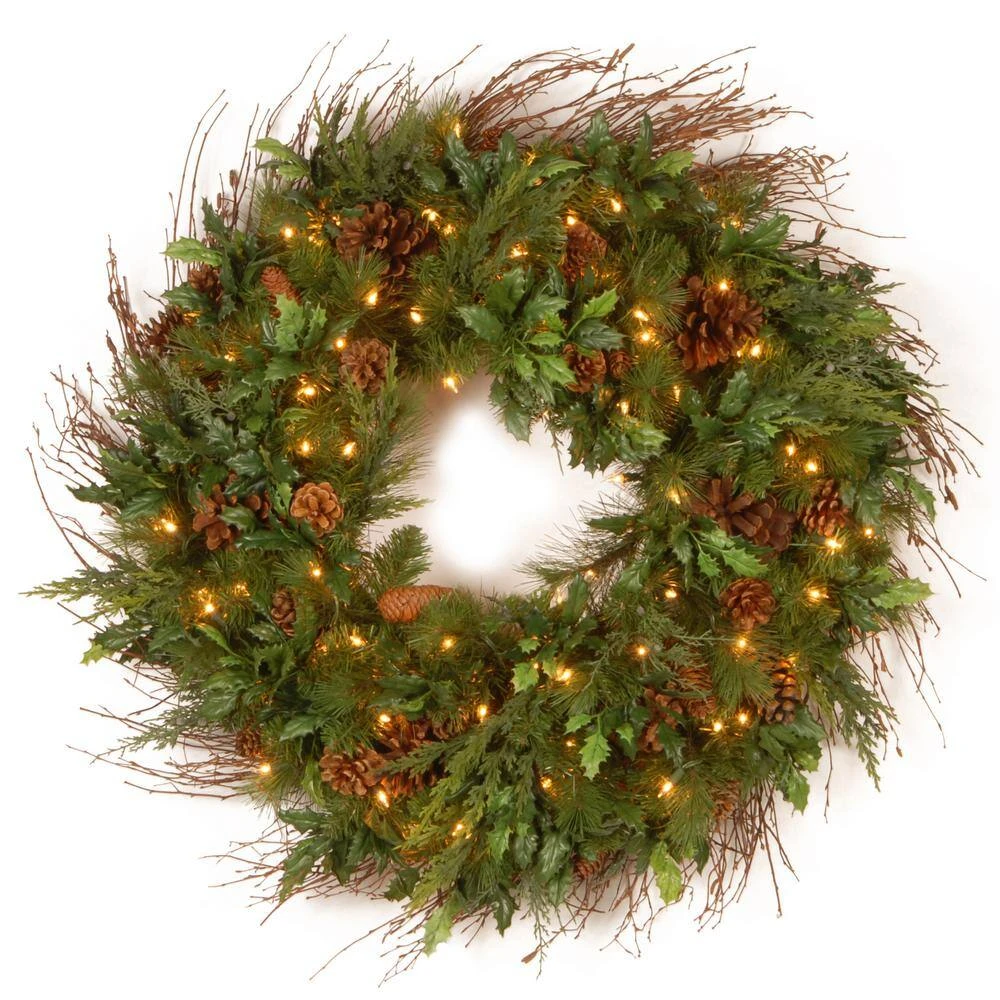 Decorative Collection Juniper Mix Pine 30 In. Artificial Wreath With Clear Lights 3 Decorative Collection Juniper Mix Pine 30 In. Artificial Wreath With Clear Lights