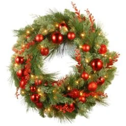 30 In. Artificial Battery Operated Decorative Collection Christmas Red Mixed Wreath With Warm White LED Lights
