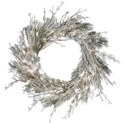 24 In. Pre-Lit Snowy Twig Artificial Christmas Wreath With Battery Operated LED Lights