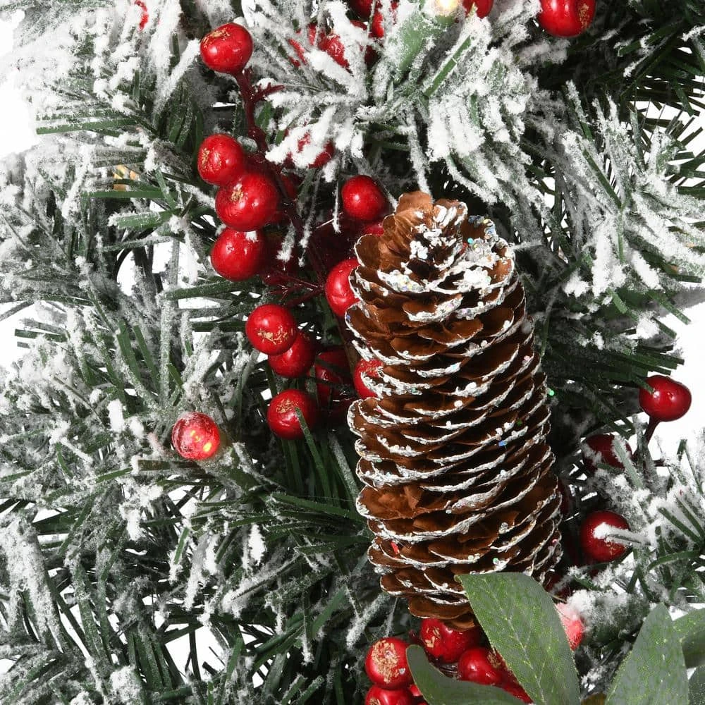 24 In. General Store Snowy Artificial Christmas Wreath With LED Lights And Bow 5 24 In. General Store Snowy Artificial Christmas Wreath With LED Lights And Bow - Image 3