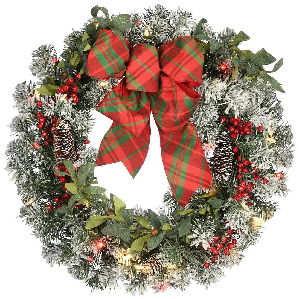 24 In. General Store Snowy Artificial Christmas Wreath With LED Lights And Bow 3 24 In. General Store Snowy Artificial Christmas Wreath With LED Lights And Bow