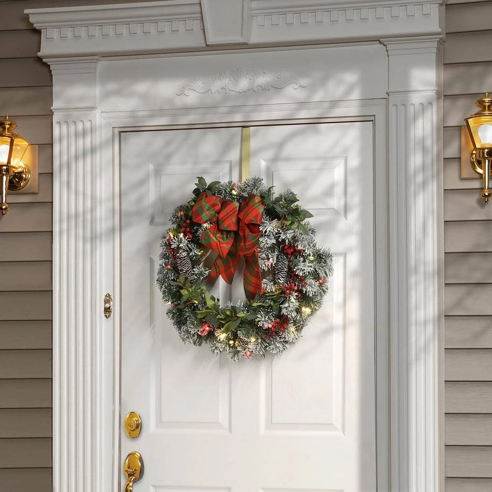24 In. General Store Snowy Artificial Christmas Wreath With LED Lights And Bow 4 24 In. General Store Snowy Artificial Christmas Wreath With LED Lights And Bow - Image 2