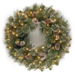24 In. Glittery Pine Artificial Wreath With Clear Lights