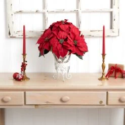 21in. H Red Poinsettia With Metal Planter Silk Flower Arrangement -Christmas Decor Shop nearly natural artificial christmas plants 1267 31 1000