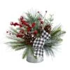 12 In. Unlit Frosted Pinecones And Berries Artificial Arrangement In Vase With Decorative Plaid Bow -Christmas Decor Shop nearly natural artificial christmas plants a1851 64 1000