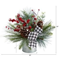 12 In. Unlit Frosted Pinecones And Berries Artificial Arrangement In Vase With Decorative Plaid Bow -Christmas Decor Shop nearly natural artificial christmas plants a1851 c3 1000