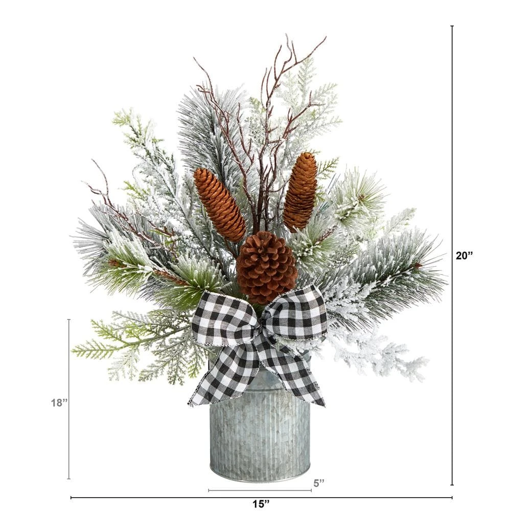 20 In. Unlit Holiday Winter Greenery With Pinecones And Gingham Plaid Bow Table Artificial Christmas Arrangement 4 20 In. Unlit Holiday Winter Greenery With Pinecones And Gingham Plaid Bow Table Artificial Christmas Arrangement - Image 2