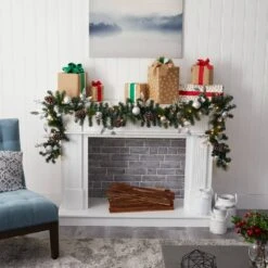 9 Ft. Battery Operated Pre-lit Ornament And Pinecone Artificial Christmas Garland With 50 Clear LED Lights -Christmas Decor Shop nearly natural christmas garland w1106 31 1000