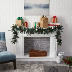 9 Ft. Battery Operated Pre-lit Ornament And Pinecone Artificial Christmas Garland With 50 Clear LED Lights -Christmas Decor Shop nearly natural christmas garland w1106 44 1000