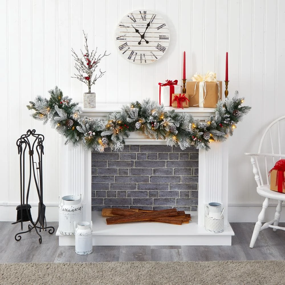 6 Ft. Battery Operated Pre-lit Flocked Mixed Pine Artificial Christmas Garland With 50 LED Lights, Pine Cones, Berries 7 6 Ft. Battery Operated Pre-lit Flocked Mixed Pine Artificial Christmas Garland With 50 LED Lights, Pine Cones, Berries - Image 5