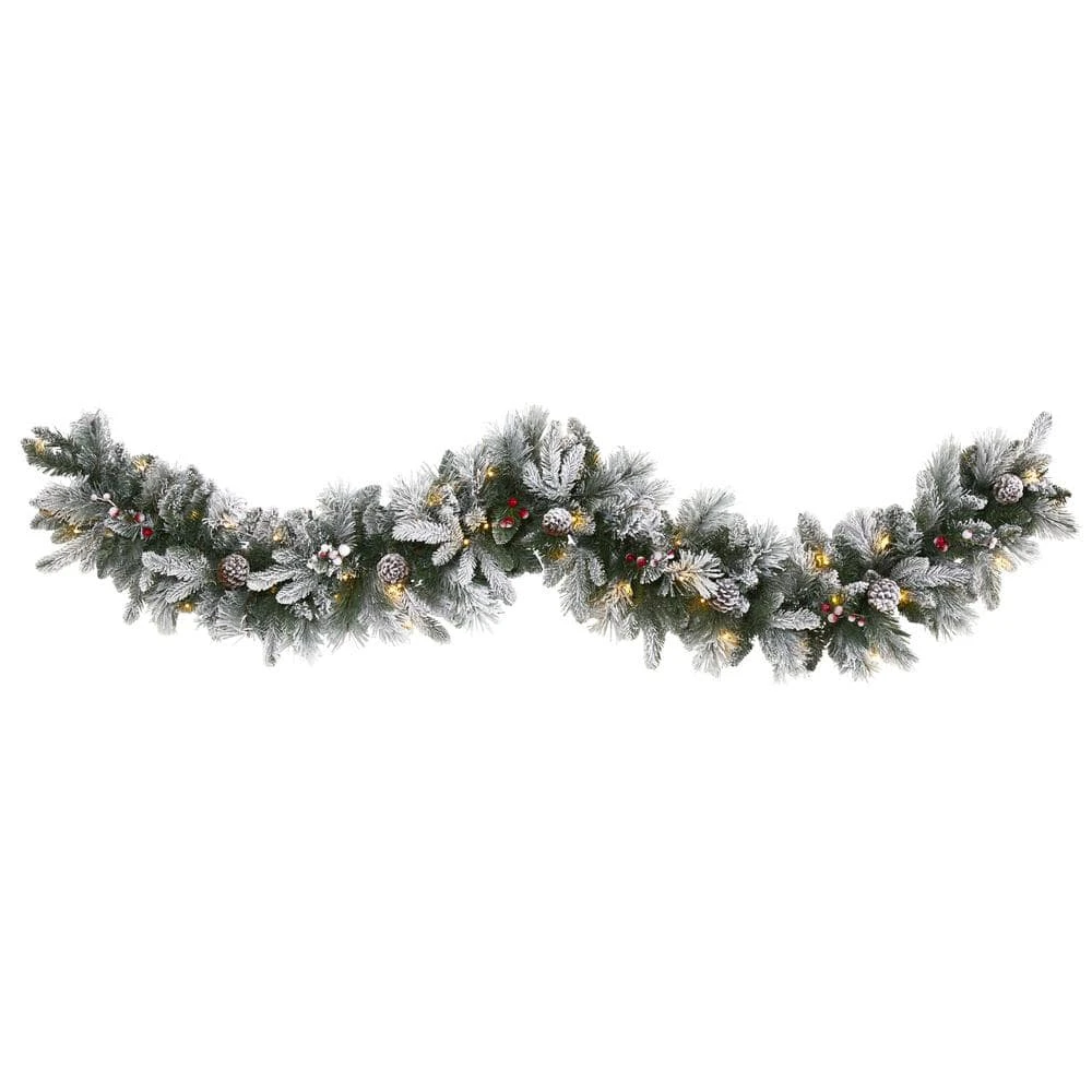 6 Ft. Battery Operated Pre-lit Flocked Mixed Pine Artificial Christmas Garland With 50 LED Lights, Pine Cones, Berries 3 6 Ft. Battery Operated Pre-lit Flocked Mixed Pine Artificial Christmas Garland With 50 LED Lights, Pine Cones, Berries