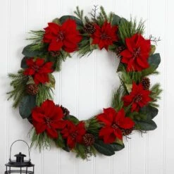 36 In. Artificial Poinsettia And Pine Wreath -Christmas Decor Shop nearly natural christmas wreaths 4202 31 1000