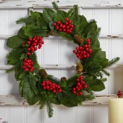 24in. Artificial Unlit Artificial Holiday Wreath With Magnolia Leaf, Berry And Pine 10 24in. Artificial Unlit Artificial Holiday Wreath With Magnolia Leaf, Berry And Pine -Christmas Decor Shop nearly natural christmas wreaths 4264 1f 1000