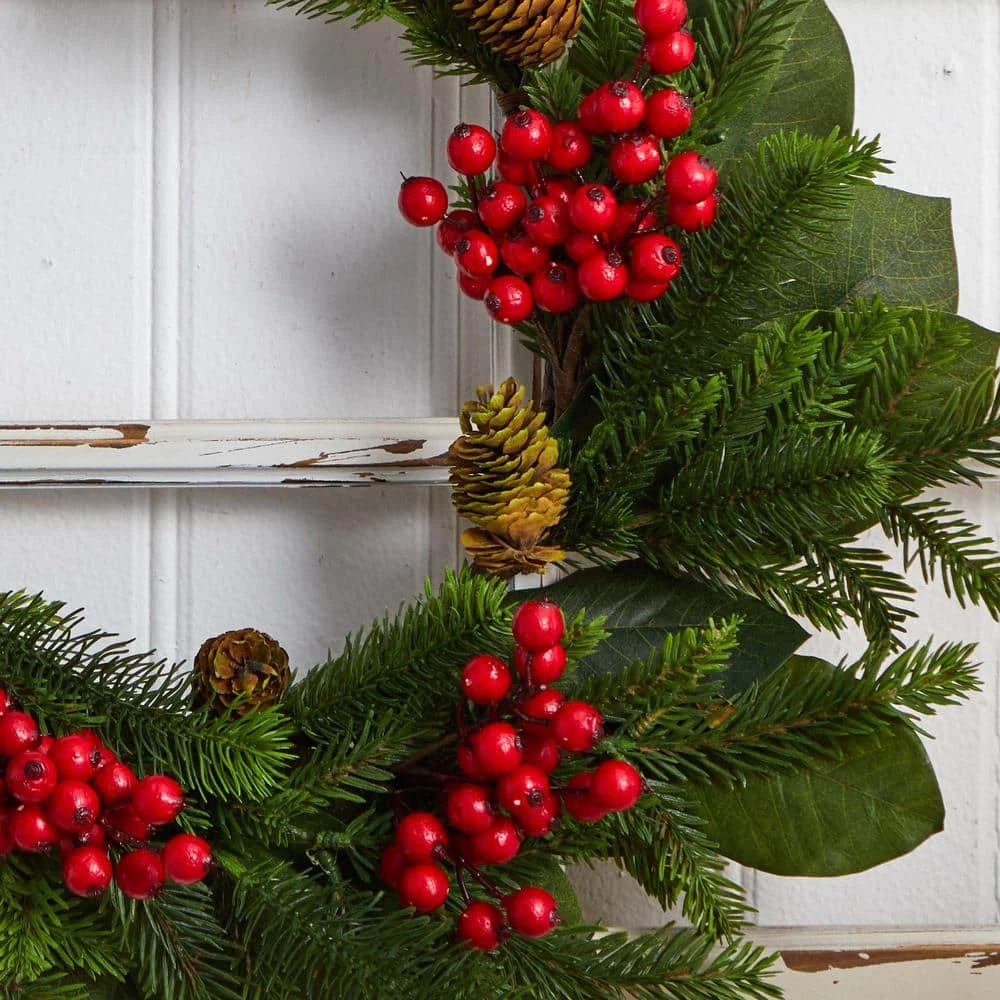24in. Artificial Unlit Artificial Holiday Wreath With Magnolia Leaf, Berry And Pine 7 24in. Artificial Unlit Artificial Holiday Wreath With Magnolia Leaf, Berry And Pine - Image 5