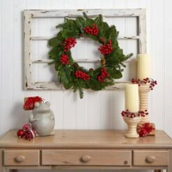 24in. Artificial Unlit Artificial Holiday Wreath With Magnolia Leaf, Berry And Pine 9 24in. Artificial Unlit Artificial Holiday Wreath With Magnolia Leaf, Berry And Pine -Christmas Decor Shop nearly natural christmas wreaths 4264 4f 1000