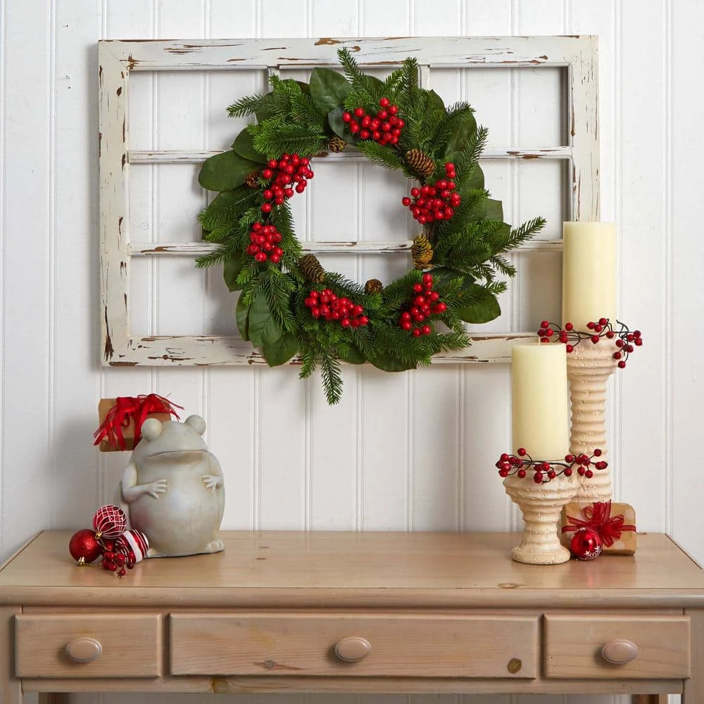 24in. Artificial Unlit Artificial Holiday Wreath With Magnolia Leaf, Berry And Pine 5 24in. Artificial Unlit Artificial Holiday Wreath With Magnolia Leaf, Berry And Pine - Image 3