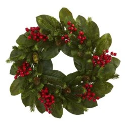 24in. Artificial Unlit Artificial Holiday Wreath With Magnolia Leaf, Berry And Pine