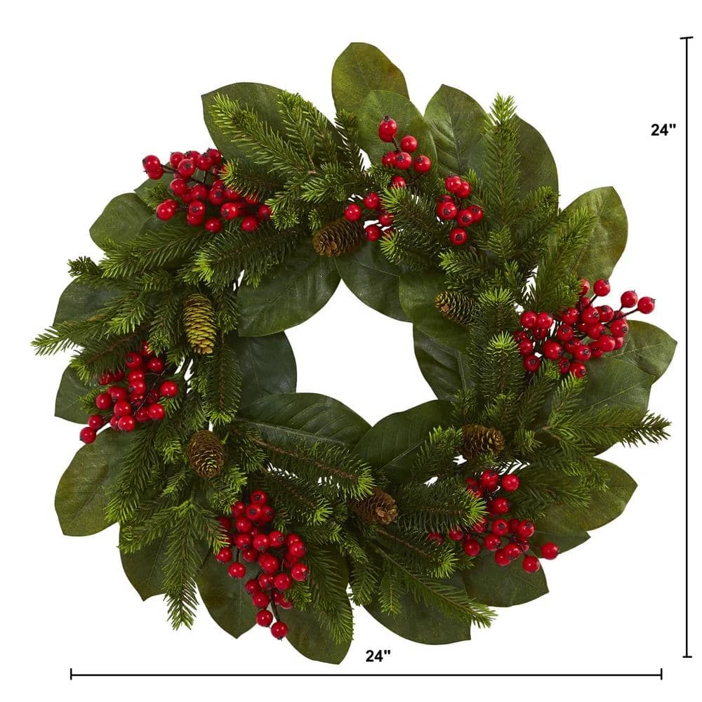 24in. Artificial Unlit Artificial Holiday Wreath With Magnolia Leaf, Berry And Pine 4 24in. Artificial Unlit Artificial Holiday Wreath With Magnolia Leaf, Berry And Pine - Image 2