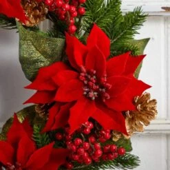 24in. Artificial Unlit Artificial Holiday Wreath With Poinsettia, Berry And Golden Pine Cone 10 24in. Artificial Unlit Artificial Holiday Wreath With Poinsettia, Berry And Golden Pine Cone -Christmas Decor Shop nearly natural christmas wreaths 4269 1f 1000