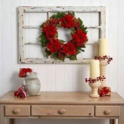 24in. Artificial Unlit Artificial Holiday Wreath With Poinsettia, Berry And Golden Pine Cone 11 24in. Artificial Unlit Artificial Holiday Wreath With Poinsettia, Berry And Golden Pine Cone -Christmas Decor Shop nearly natural christmas wreaths 4269 31 1000