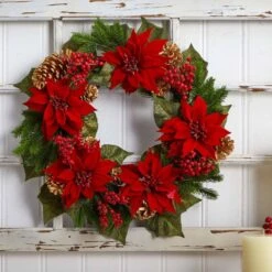 24in. Artificial Unlit Artificial Holiday Wreath With Poinsettia, Berry And Golden Pine Cone 9 24in. Artificial Unlit Artificial Holiday Wreath With Poinsettia, Berry And Golden Pine Cone -Christmas Decor Shop nearly natural christmas wreaths 4269 4f 1000